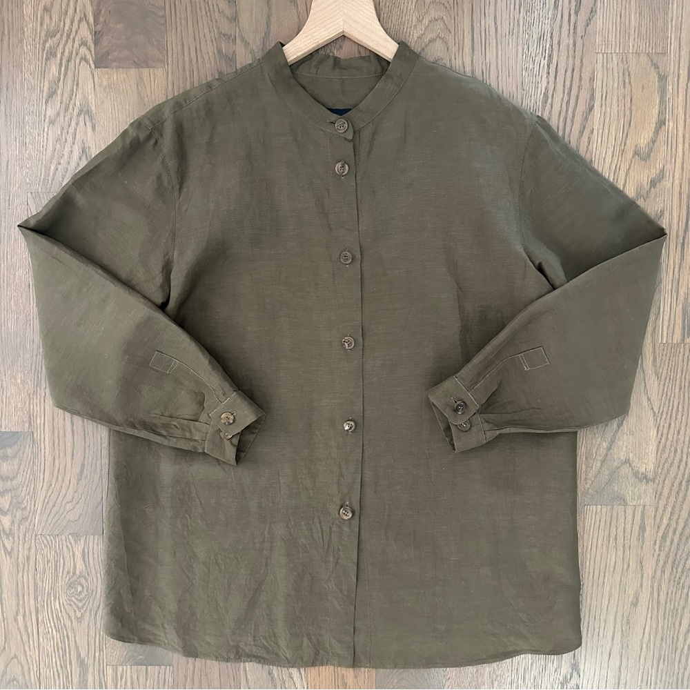 Giorgio Armani Classico Vintage Silk Linen Button Front Blouse Olive Green M